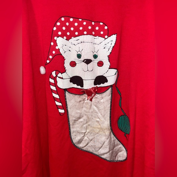 Vintage Christmas Nightgown Sweater Kimberly Laine Cat Red Bell Long Large USA - Picture 2 of 6